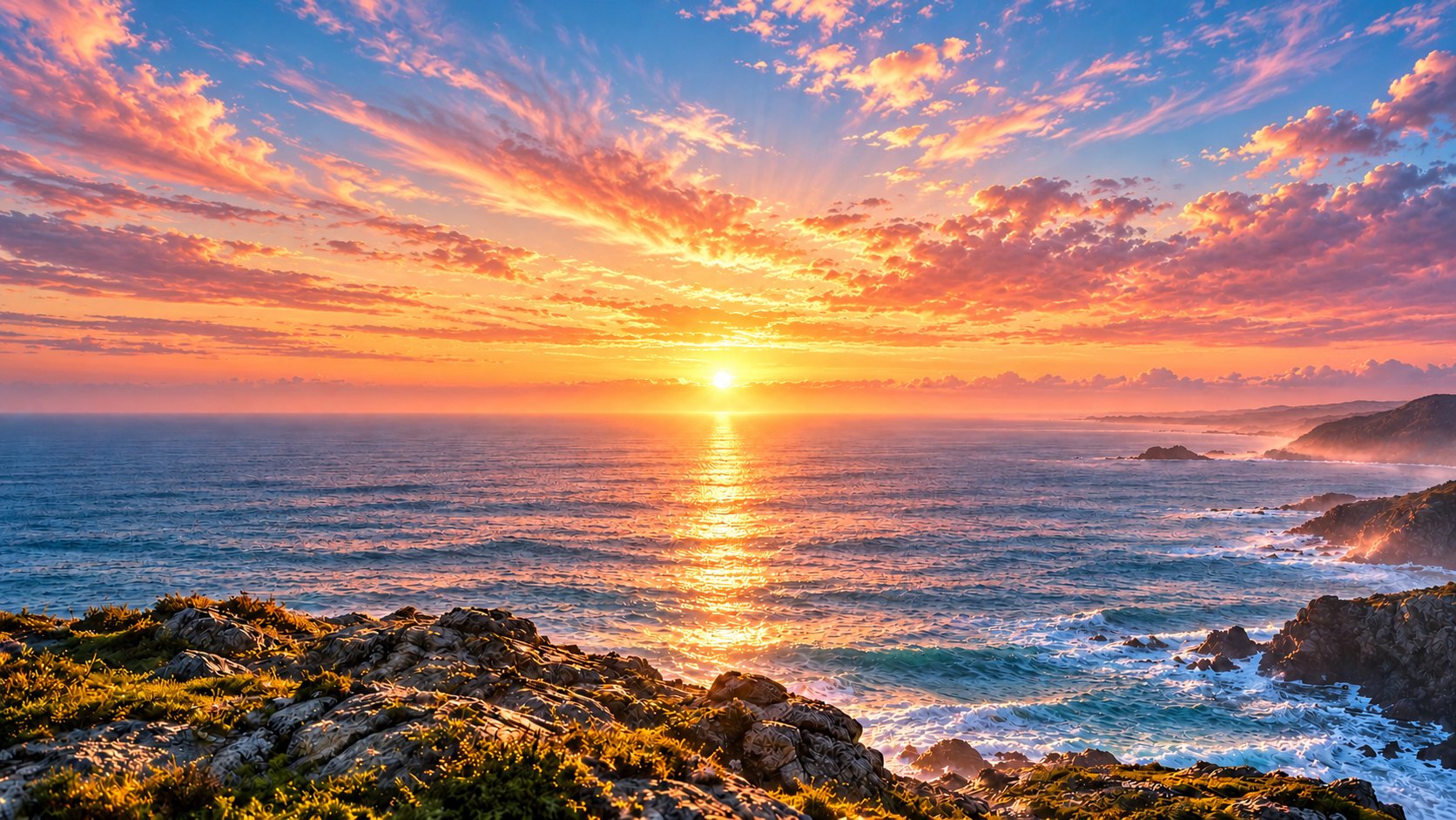 Sunrise over the ocean from a rocky coastline